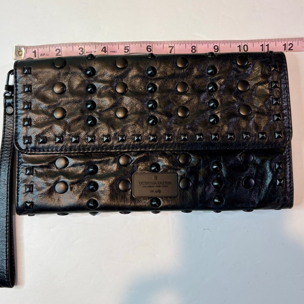 BCBGMaxAzria Black Studded Leather Fold-Over Clutch/Wristlet Rock Chic Bag - Picture 8 of 9